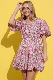 And The Why Full Size Floral Surplice Puff Sleeve Dress | Daverri Fashions