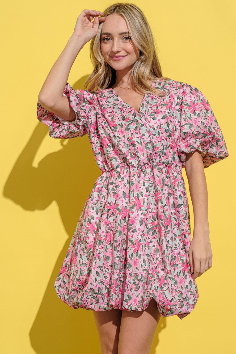 And The Why Full Size Floral Surplice Puff Sleeve Dress - DAVERRI FASHIONS