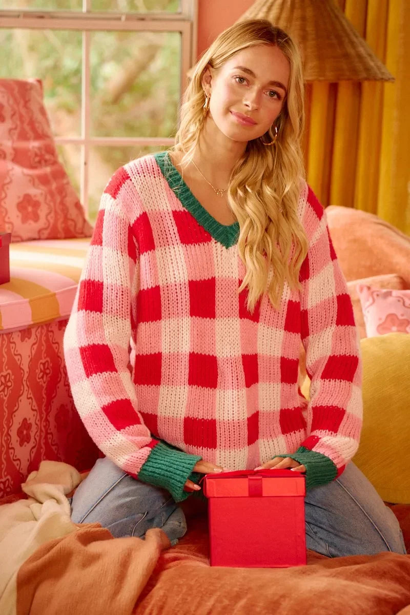 Red plaid BiBi Christmas sweater with green accents and v-neck