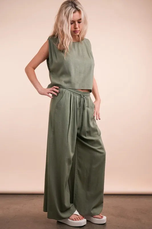 VERY J Solid Woven Top & Pants Set Outfit Sets