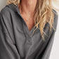Exposed Seam Dropped Shoulder Hoodie in soft dark gray with quilted neckline