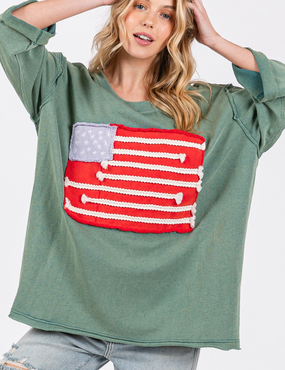 SAGE + FIG Full Size American Flag Patch Drop Shoulder T-Shirt Teal