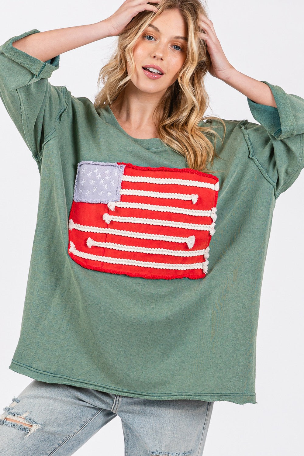 SAGE + FIG Full Size American Flag Patch Drop Shoulder T-Shirt Teal