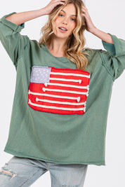 SAGE + FIG Full Size American Flag Patch Drop Shoulder T-Shirt Teal