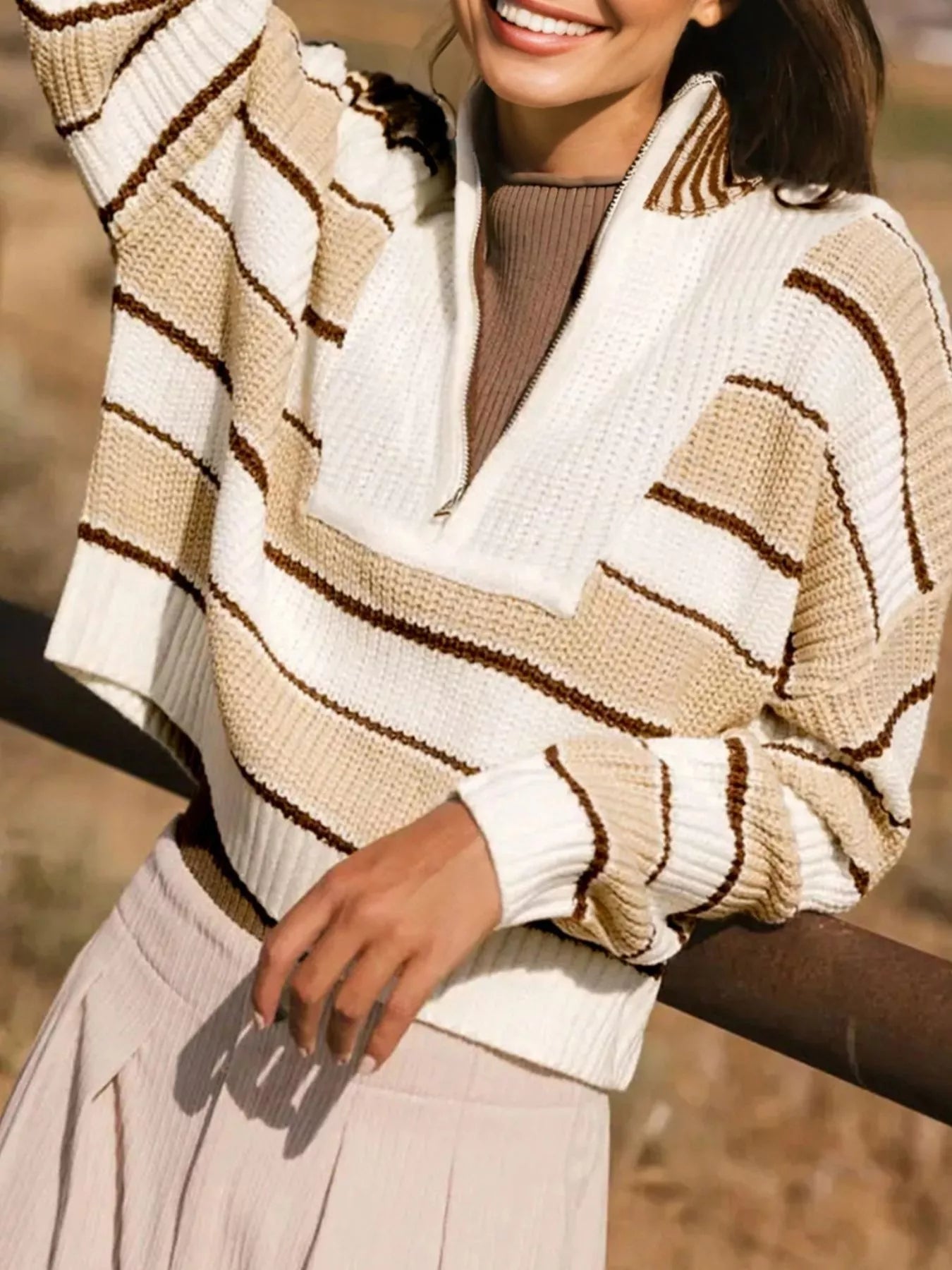 Tan Stripe Half Zip Drop Shoulder Sweater | Sweaters Daverri Fashions