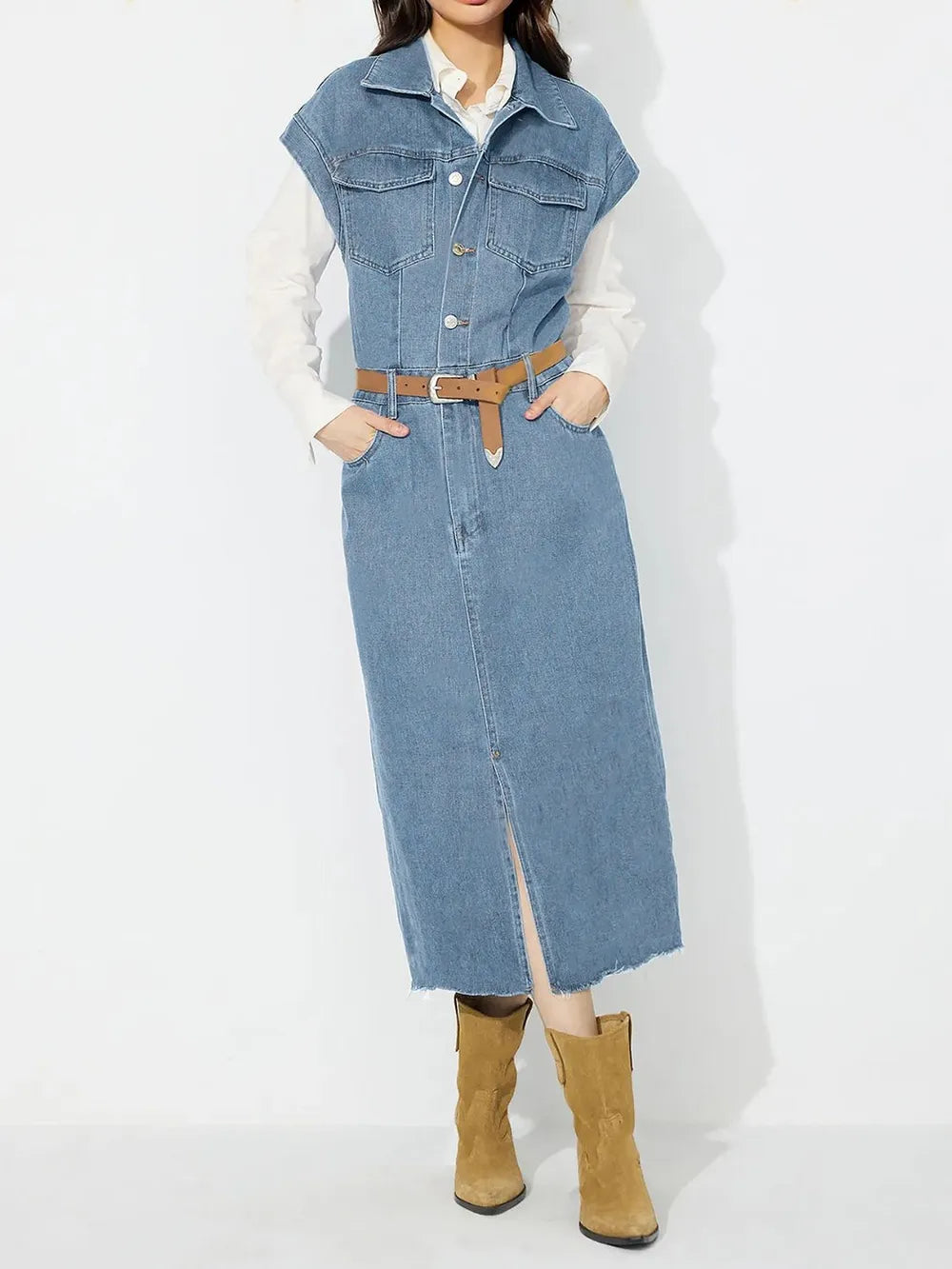 Slit Half Button Collared Neck Cap Sleeve Denim Dress | Midi Dresses Daverri Fashions