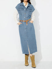 Slit Half Button Collared Neck Cap Sleeve Denim Dress | Midi Dresses Daverri Fashions