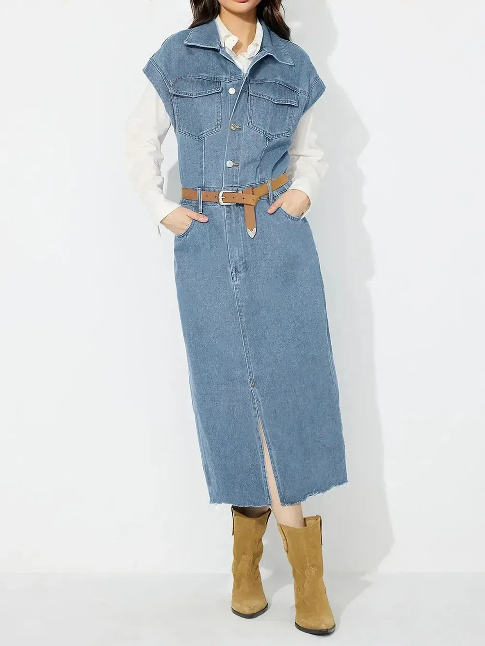 Slit Half Button Collared Neck Cap Sleeve Denim Dress - DAVERRI FASHIONS