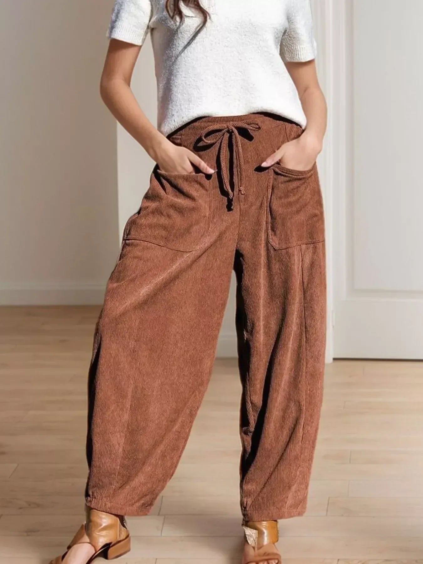 Daverri Fashions Casual Corduroy Wide Leg Pants with Pockets - DAVERRI FASHIONS