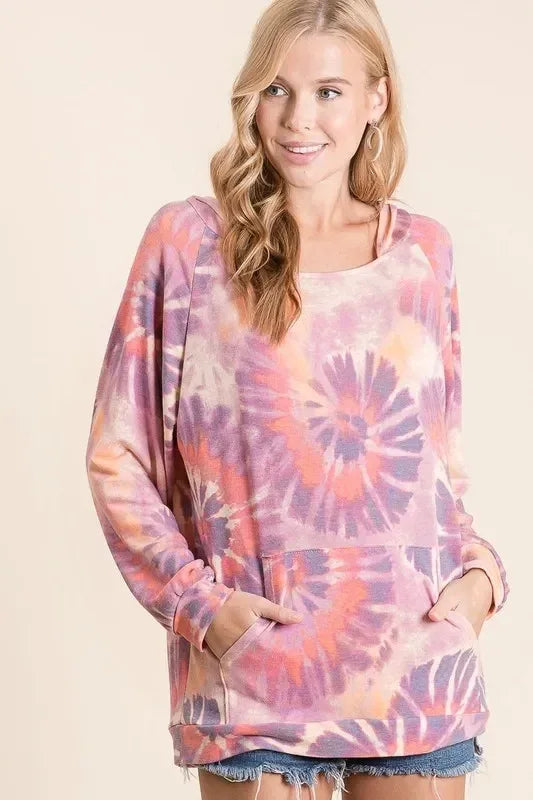 BiBi Circular Tie Dye Print Terry Hoodie with Kangaroo - DAVERRI FASHIONS