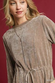Umgee Velour Drawstring Mini Dress with Long Sleeves | Daverri Fashions