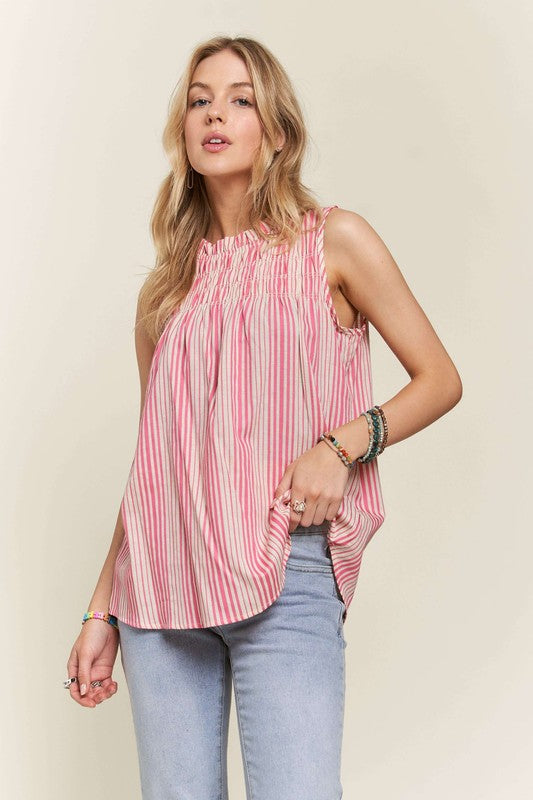 ADORA Contrast Striped Frill Round Neck Sleeveless Top Tops