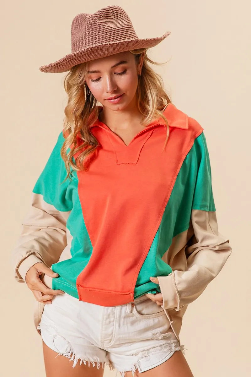 BiBi Colorblock Exposed Seam French Terry Sweatshirt | Daverri Fashions