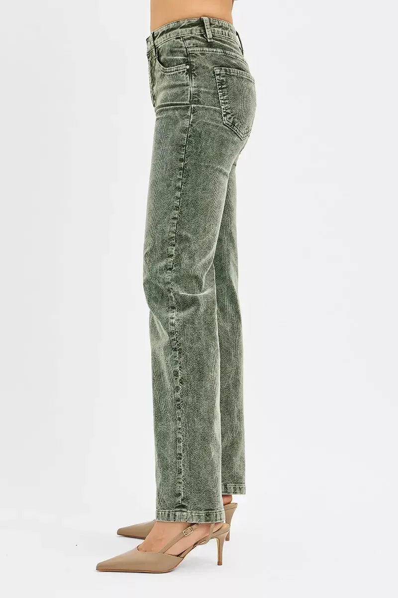 RISEN Tummy Control Mid Rise Straight Leg Corduroy Pants - DAVERRI FASHIONS