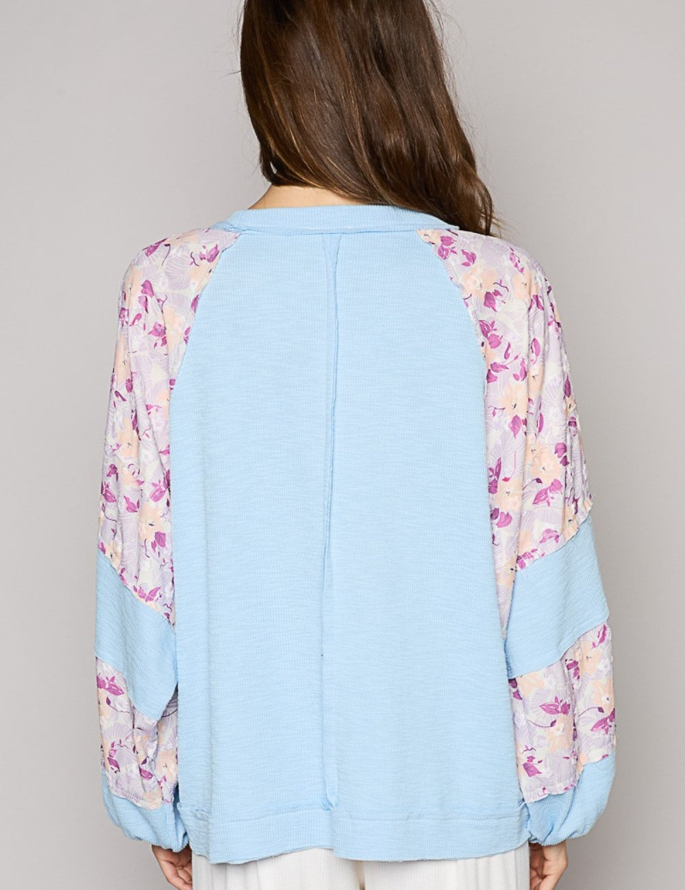 POL Round Neck Balloon Floral Long Sleeve Top