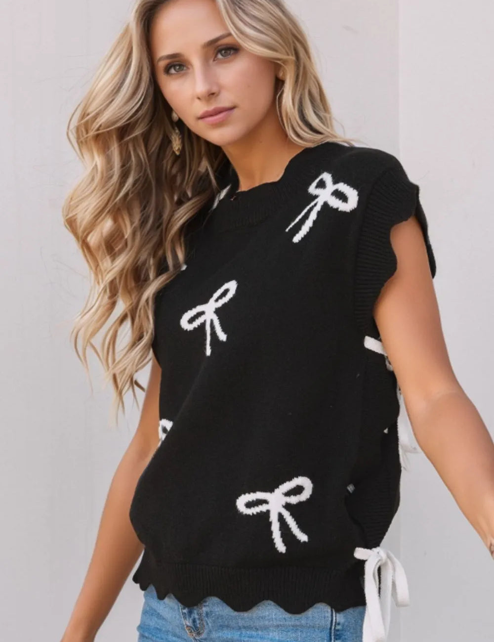 Black Bow Side Ties Scalloped Hem Cap Sleeve Sweater | Sweaters Daverri Fashions