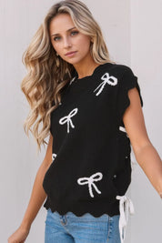 Black Bow Side Ties Scalloped Hem Cap Sleeve Sweater | Sweaters Daverri Fashions