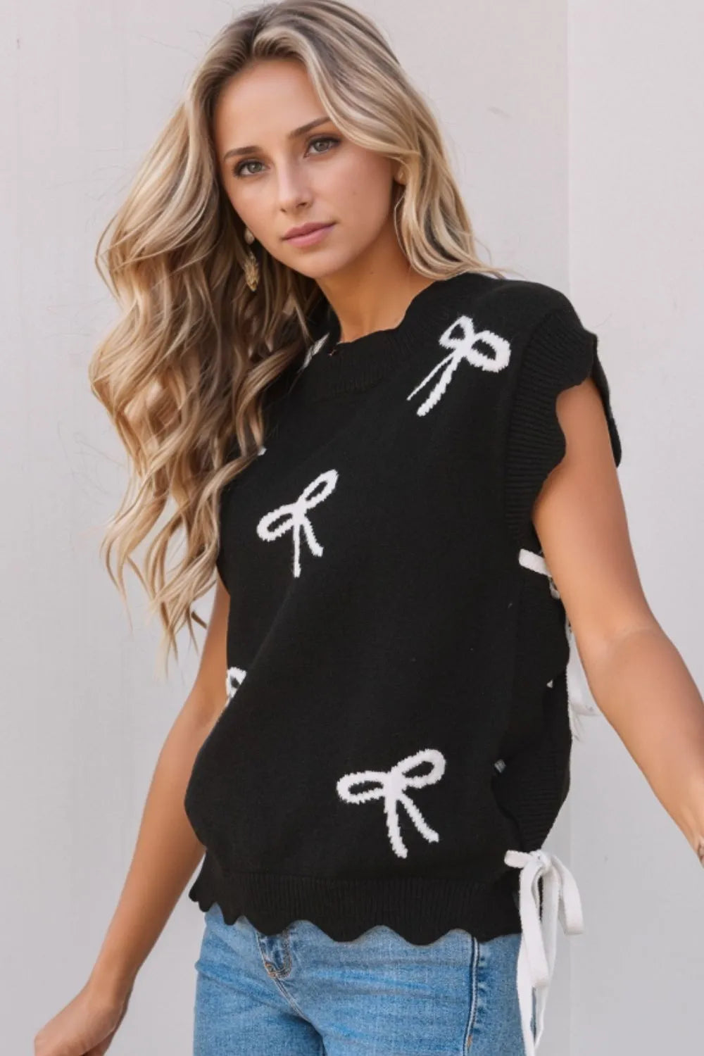 Black Bow Side Ties Scalloped Hem Cap Sleeve Sweater | Sweaters Daverri Fashions