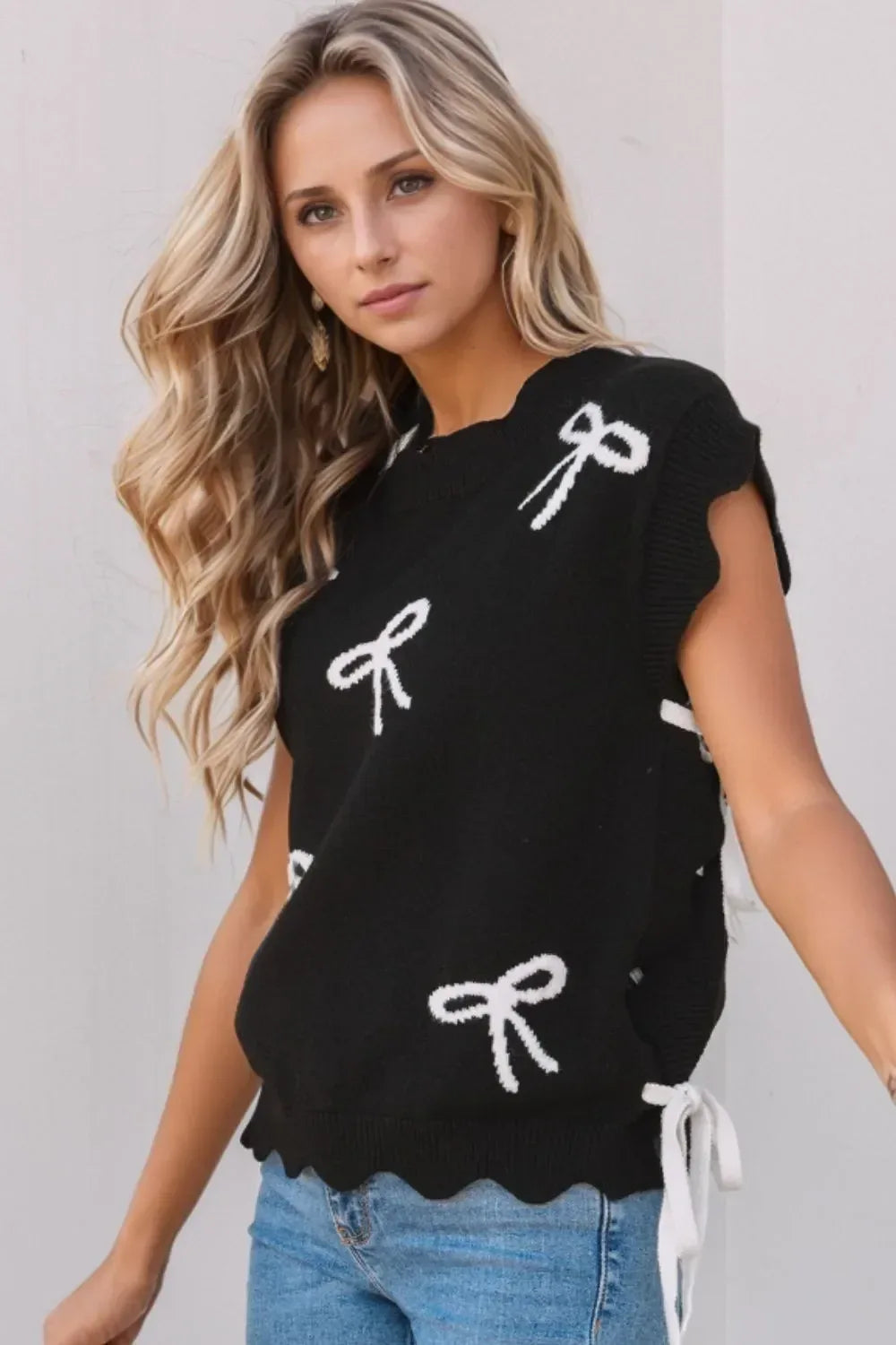 Bow Side Ties Scalloped Hem Cap Sleeve Sweater - DAVERRI FASHIONS