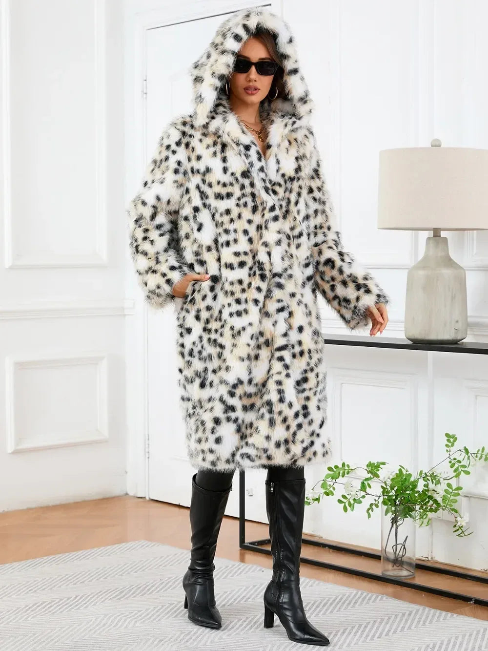 Thermal Leopard Faux Fur Hooded Coat - DAVERRI FASHIONS