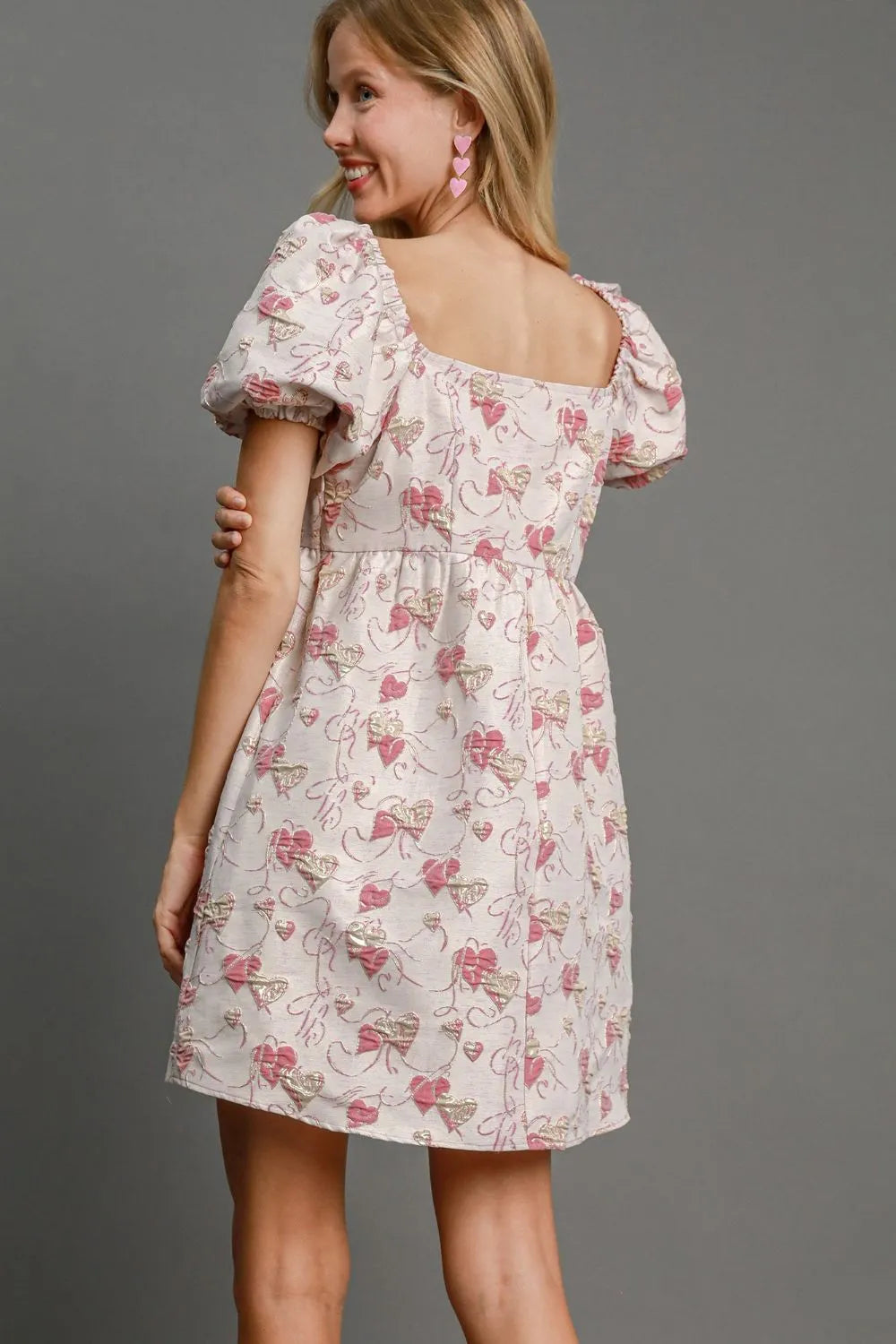 Umgee Heart Jacquard Square Neck Puff Sleeve Mini Dress Pink | Mini Dresses Daverri Fashions