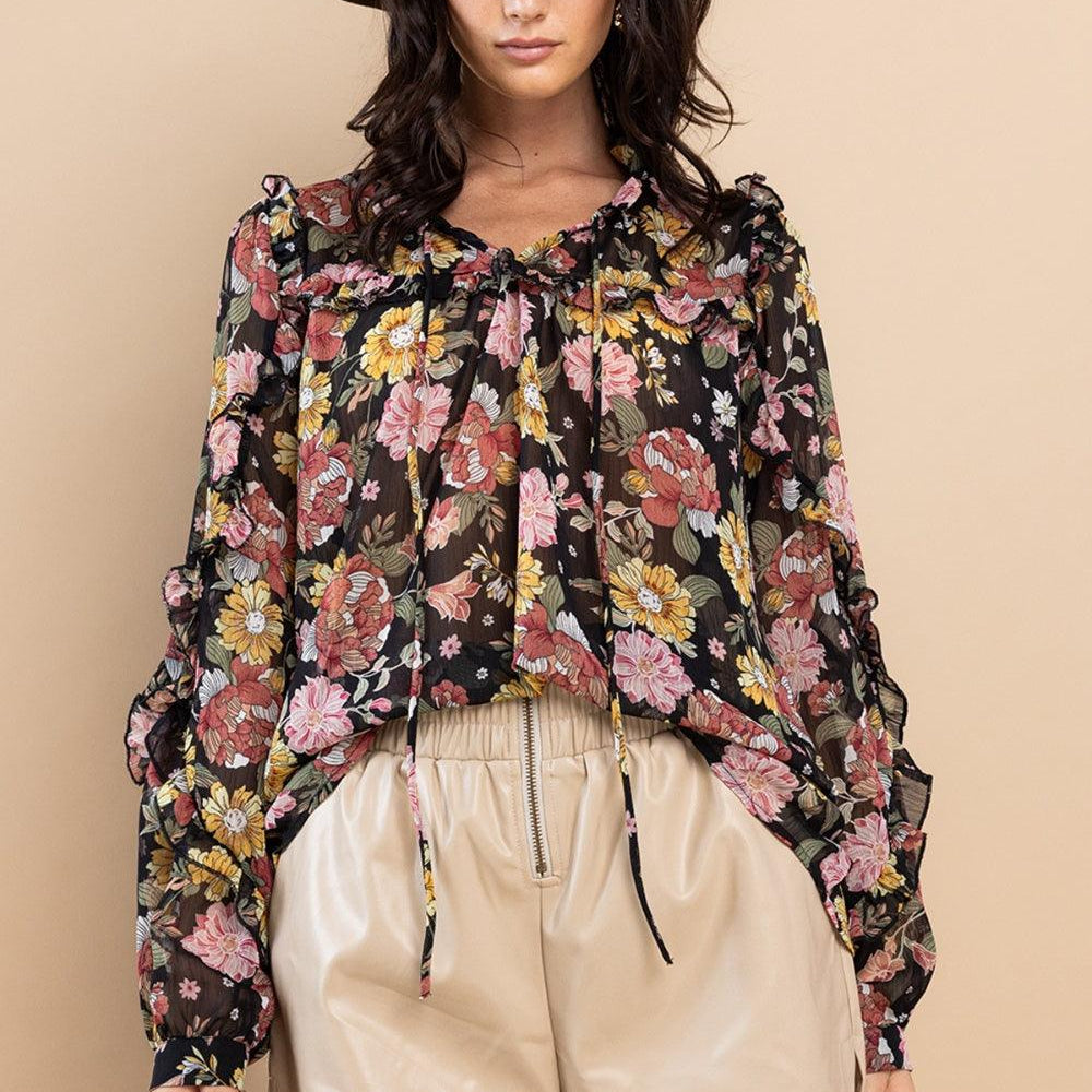 Floral Ces Femme Ruffle Trim Long Sleeve Floral Blouse | Blouses Daverri Fashions