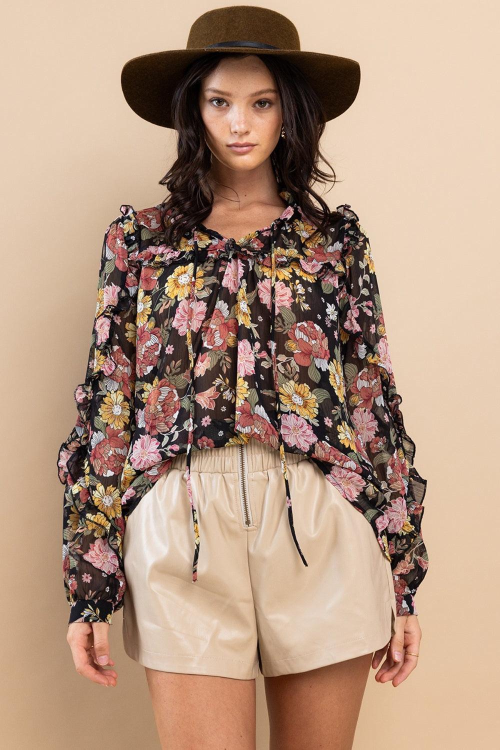 Ces Femme Ruffle Trim Long Sleeve Floral Blouse - DAVERRI FASHIONS