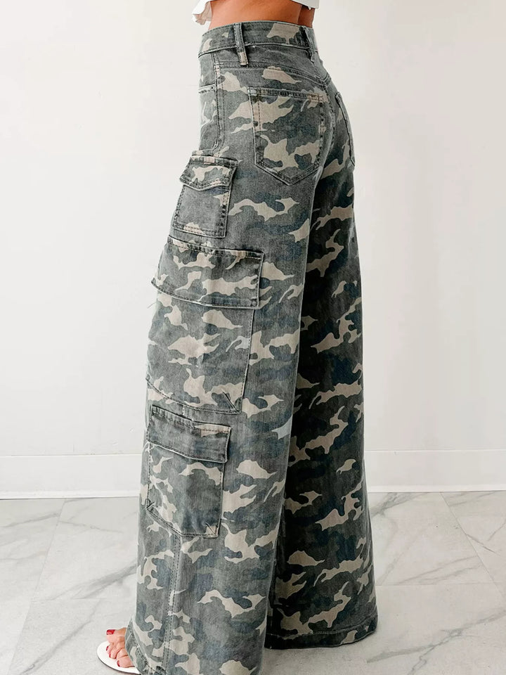 Camo Print Wide Leg Cargo Jeans | Jeans Daverri Fashions