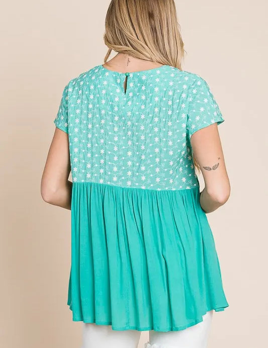 Lime 'N' Chili Full Size Embroidered Short Sleeve Pleated Babydoll Top Plus Size | Tops Daverri Fashions