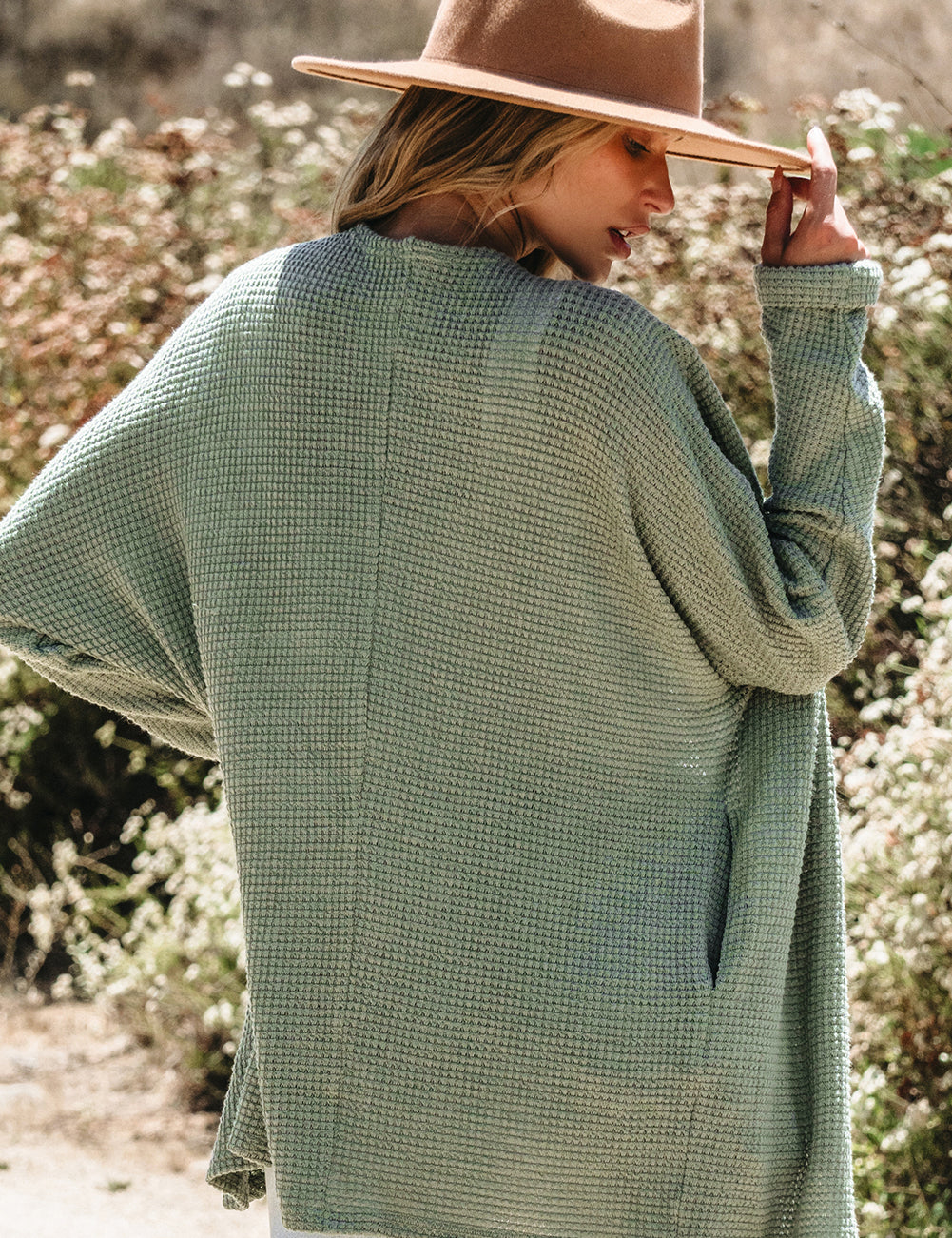 Laurel Green Waffle Knit Open Front Cardigan | Cardigans Daverri Fashions