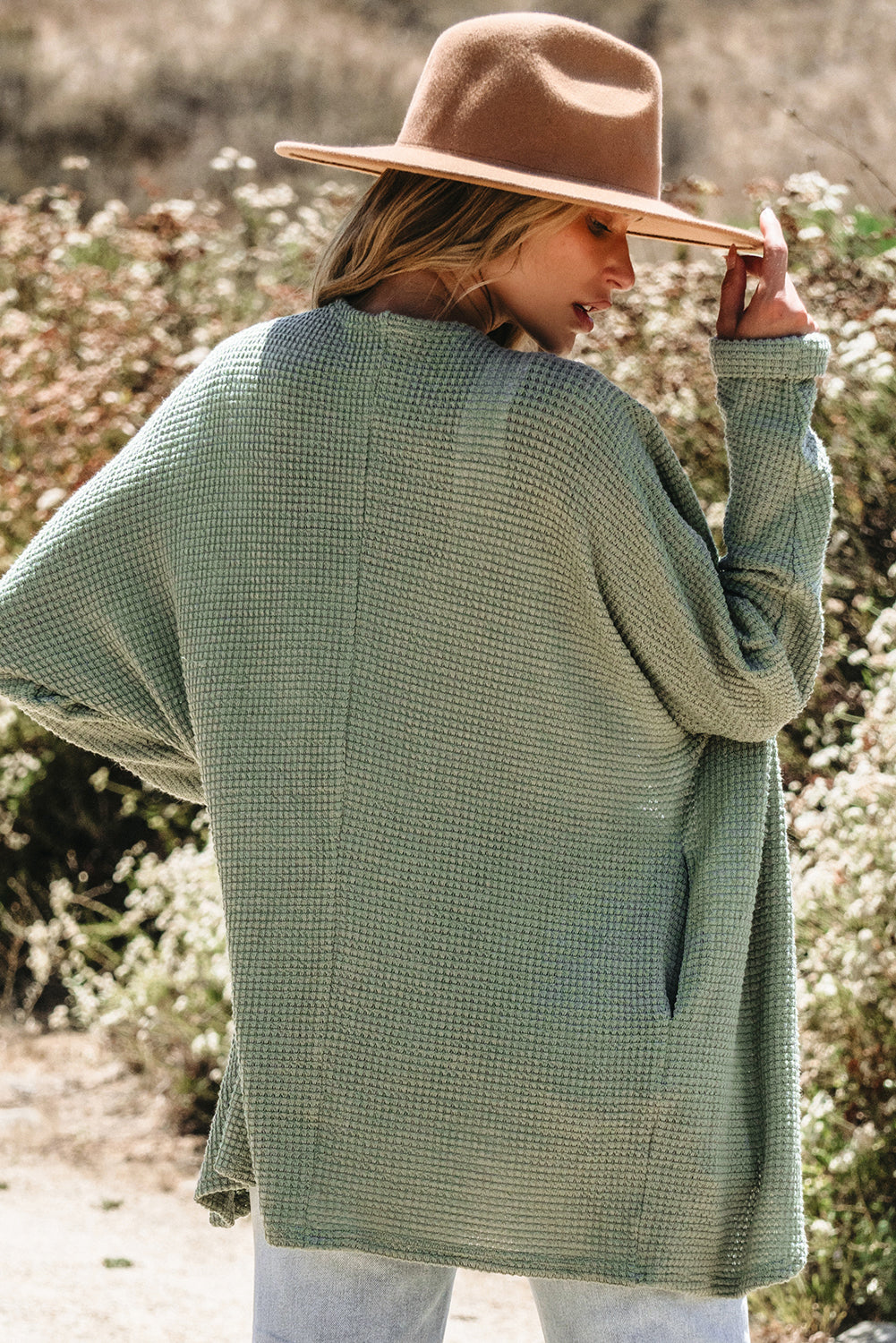 Laurel Green Waffle Knit Open Front Cardigan | Cardigans Daverri Fashions