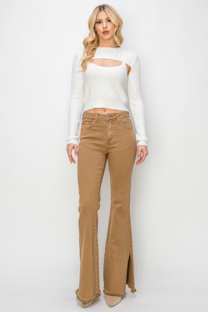 High Waist Side Slit Flare Jeans Bottoms