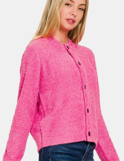 Zenana Button Down Long Sleeve Sweater Cardigan Fuchsia Cardigans