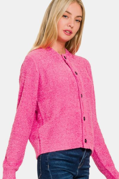 Zenana Button Down Long Sleeve Sweater Cardigan Fuchsia Cardigans