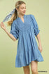 Umgee Smocked Bib Ruffle Hem Babydoll Dress in blue cotton with smocked neckline