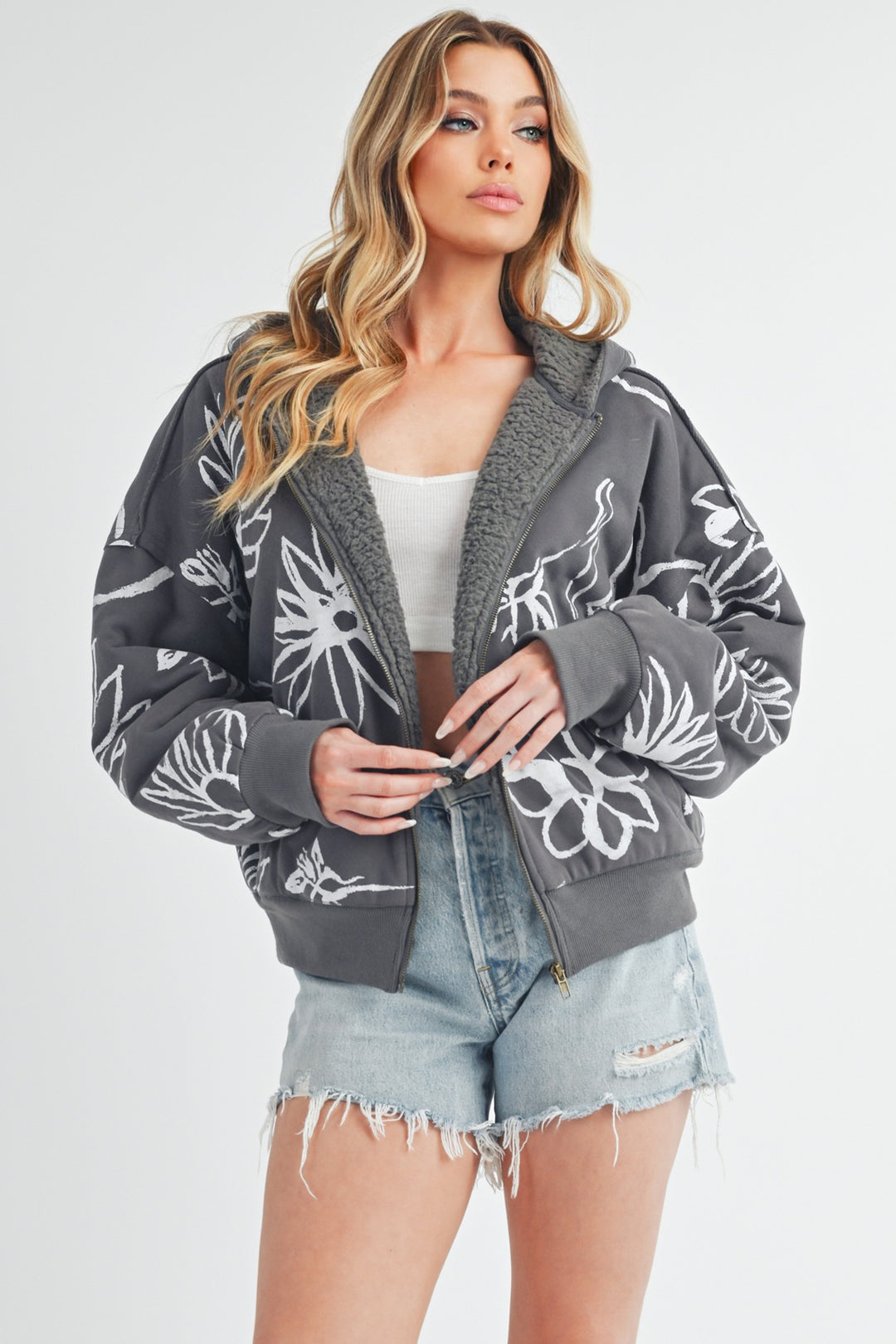 Aemi + Co Gray Flower Print Zip Up Sherpa Hoodie Gray Hoodies