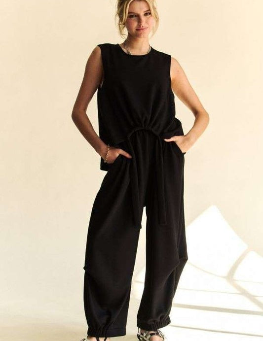 Davi & Dani Drawstring Hem Round Neck Tank and Pants Set Black