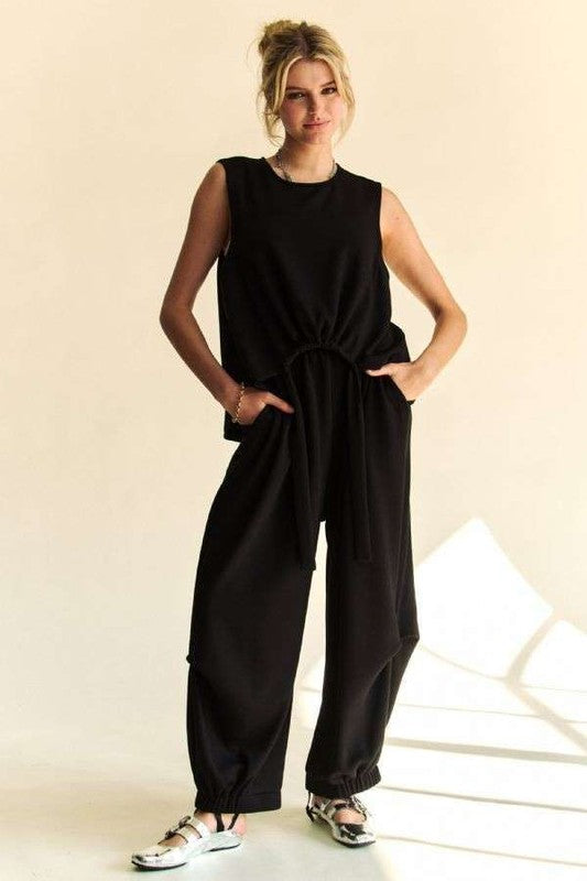 Black Drawstring Hem Round Neck Tank and Pants Set Black M Outfit Sets