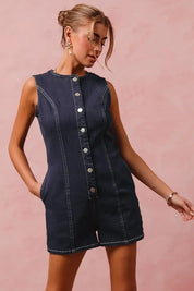 SO ME Button Up Front Washed Denim Sleeveless Romper | Rompers Daverri Fashions
