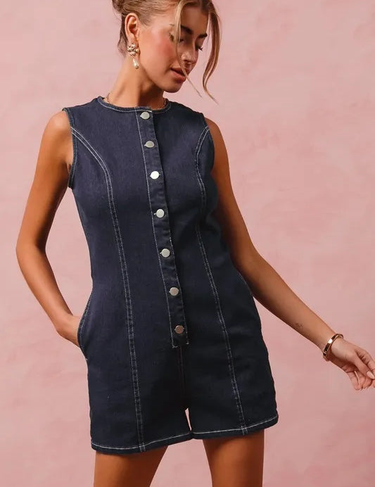 SO ME Button Up Front Washed Denim Sleeveless Romper | Rompers Daverri Fashions