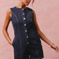 SO ME Button Up Front Washed Denim Sleeveless Romper Rompers