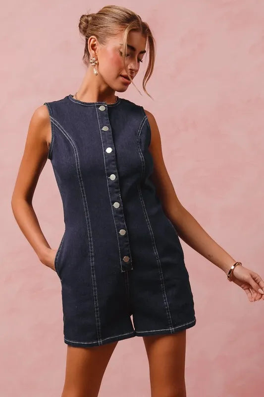 SO ME Button Up Front Washed Denim Sleeveless Romper Rompers