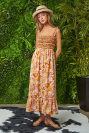 Davi & Dani Multi Smocked Bodice Geo Ruffle Strappy Midi Dress | Midi Dresses Daverri Fashions