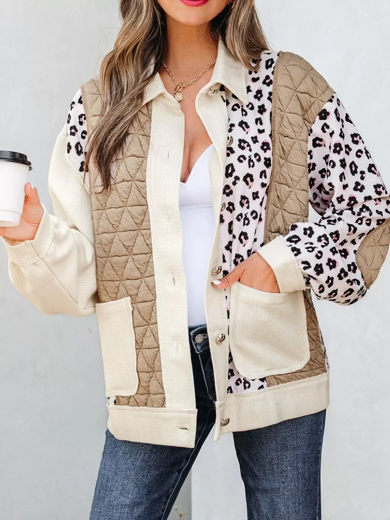 Leopard Waffle Quilted Patchwork Button Front Jacket - DAVERRI FASHIONS