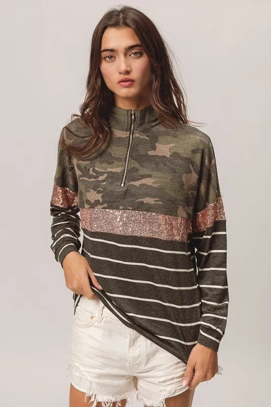 BiBi Camouflage French Terry Knit Top
