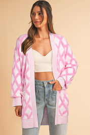 Pink Rhombus Pattern Open Front Pocketed Knit Cardigan
