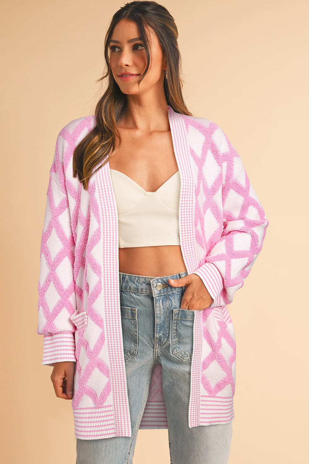 Pink rhombus pattern open front pocketed knit cardigan