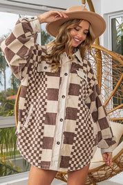 BiBi Checkered Button Down Corduroy Shacket Mocha