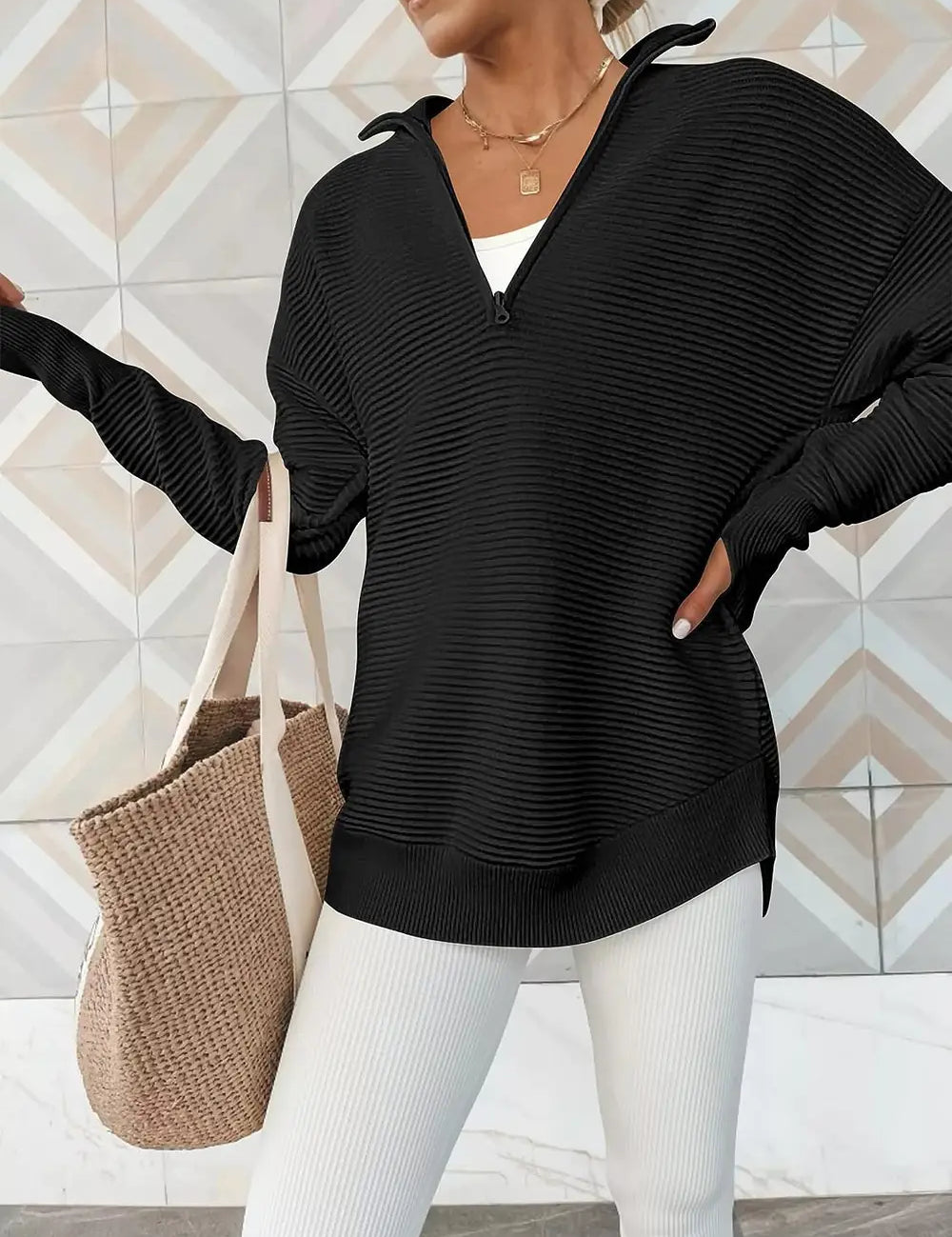 Half Zip Long Sleeve Knit Top | Knit Tops Daverri Fashions