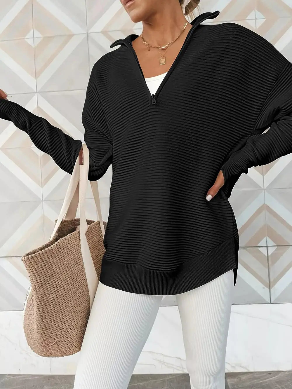 Half Zip Long Sleeve Knit Top | Knit Tops Daverri Fashions